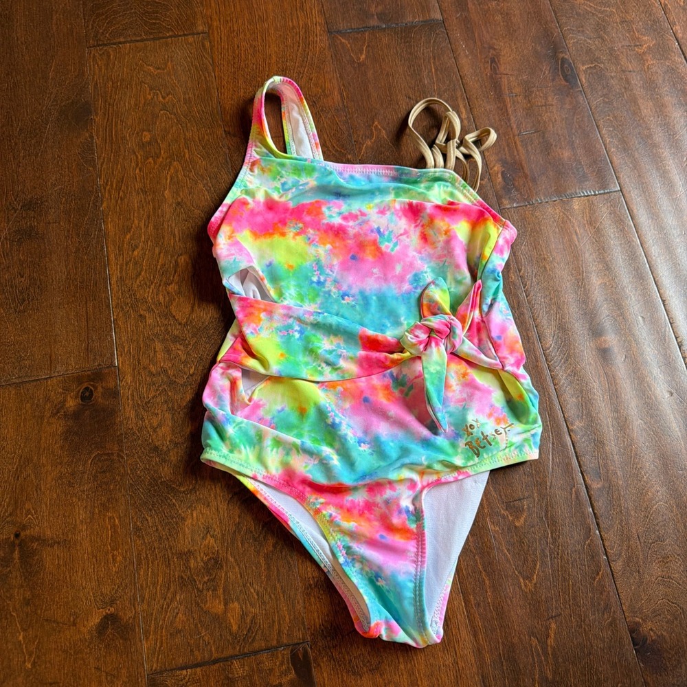 Betsey Johnson Girls Neon Tie Dye One Shoulder Swimsuit Gold Straps Size M 10